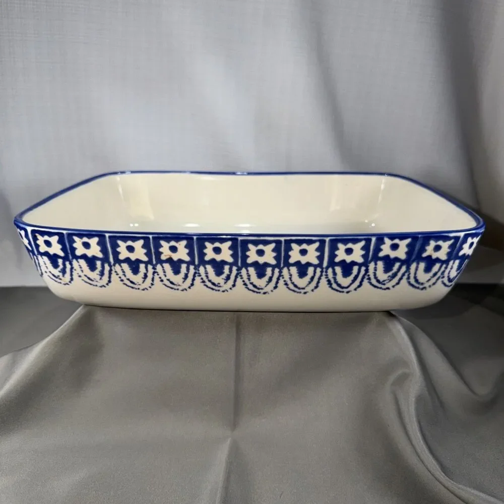 Grestel Portugal Stoneware Casserole Baking Dish Blue White Stamped Rectangular